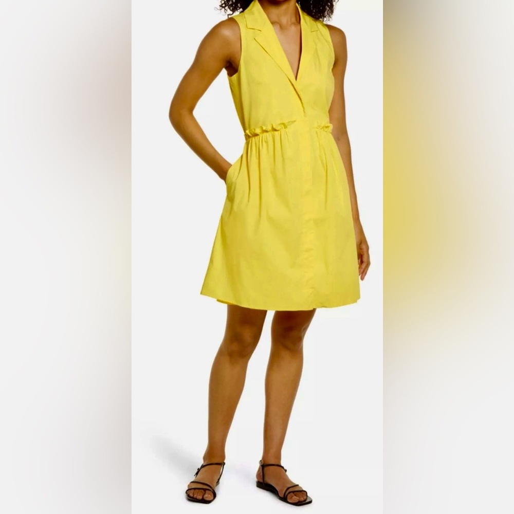 Eliza J Bright Sunshine Yellow Cotton Paperbag Waist Button Front Shirt Dress